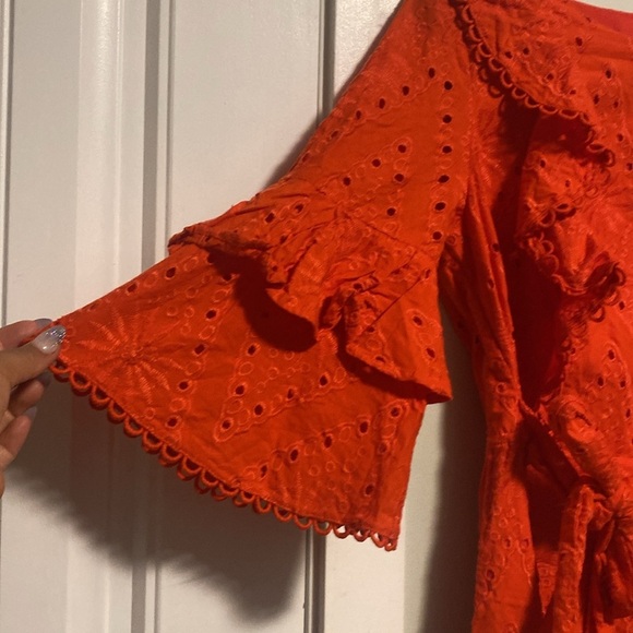 River Island Vibrant Orange Eyelet Lace Dress - bell Sleeves - UK12/EU38 - Picture 5 of 8
